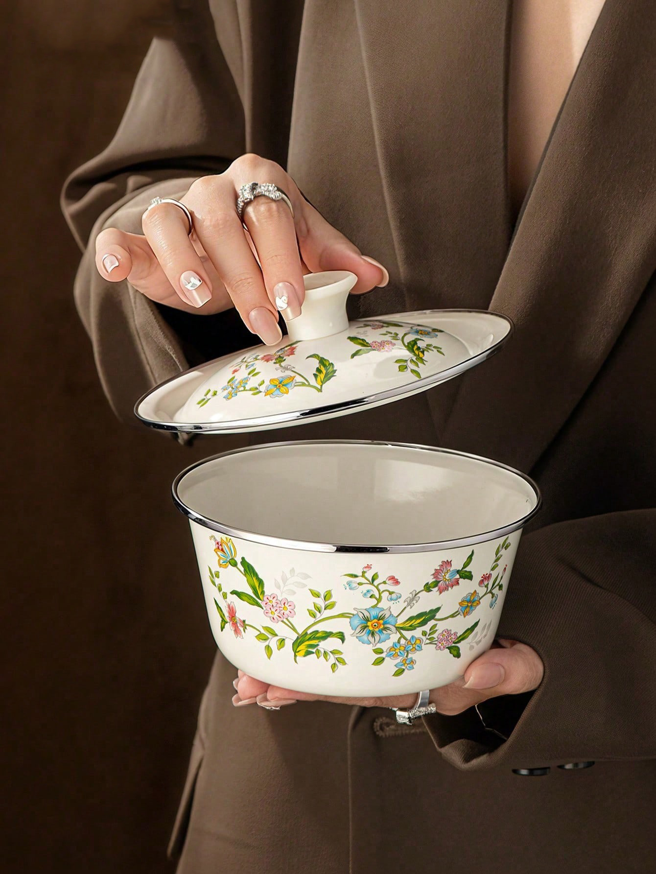 Dim Sum Basket - 1pc Enamel-patterned rice bowls with LIDS,